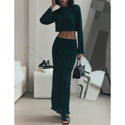 Bell Sleeve Skirt Suit, Mid-Length Green & Rose Red Jumpsuit for Women
