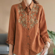 Womens Stylish, Loose-fitting Cotton-linen Long-sleeve Embroidered Shirt
