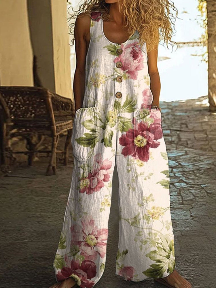 Women's Floral Sleeveless Pocket Jumpsuit