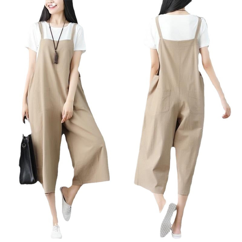 Plus Size Casual Linen Suspender Jumpsuit