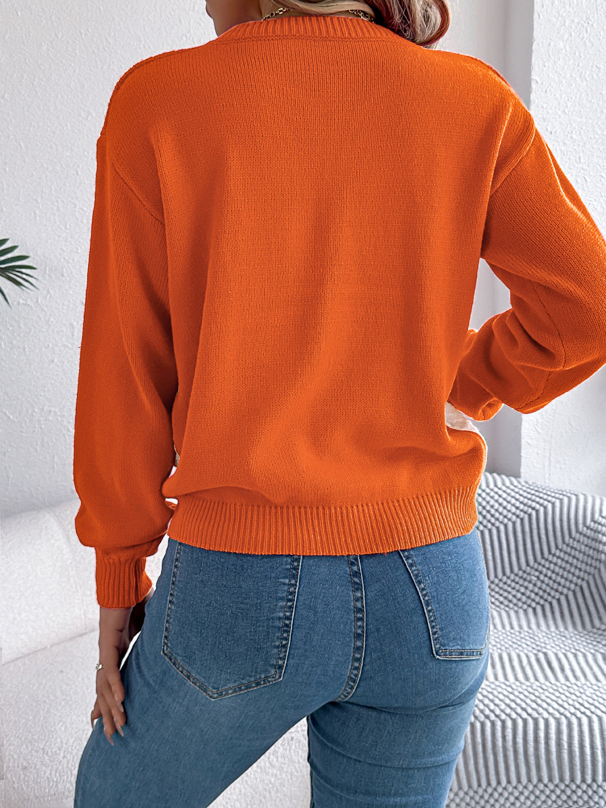 Women Casual Color Block Cable Knit Lantern Sleeve Pullover Sweater