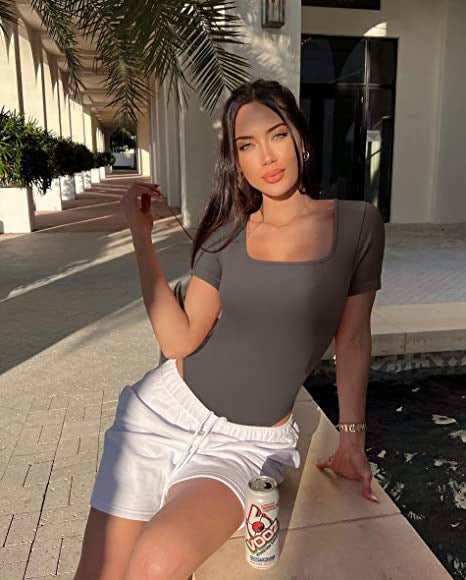 Sunken Stripe Square Collar Short Sleeve Tight Jumpsuit