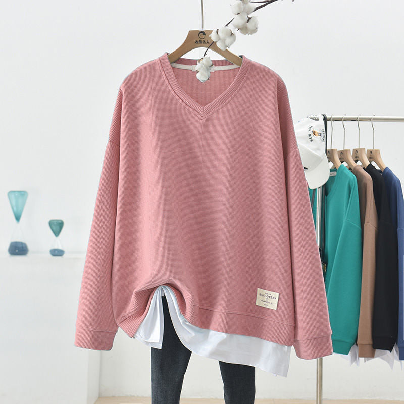 Oversized V-Neck Waffle Knit Sweater for Women