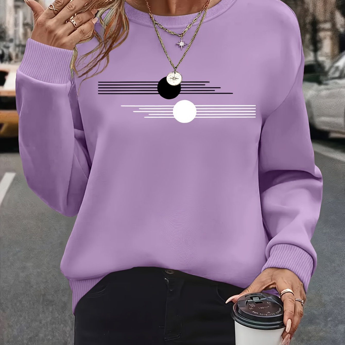 Women's Plus Size Oversized Long Sleeve Crew Neck Sweatshirt with Geometric Pattern