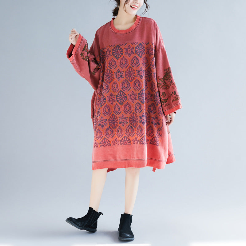 Plus Size Batwing Sleeve Printed Casual Dress
