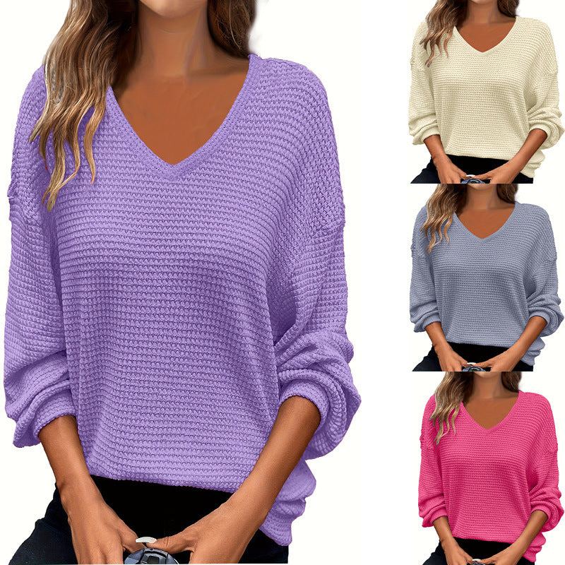 Solid-color V-neck Pineapple-pattern Pullover Casual T-shirt