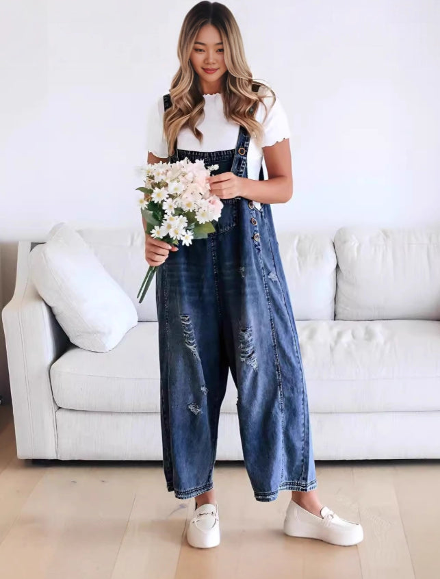 Vintage Distressed Wide-Leg Denim Suspender Pants