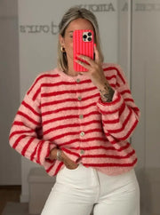 Long Sleeve Striped Color Block Women's Fashion Round Neck Casual Sweater