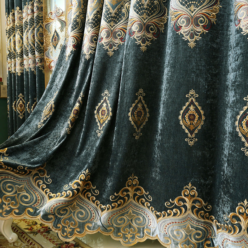Blue Chenille Embroidered Curtains for Living Room Bedroom and Villa
