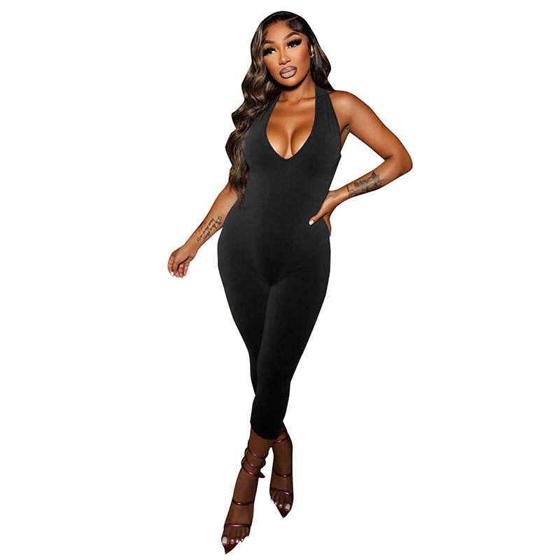 Women's Halter Deep V-Neck High-Slit Backless Jumpsuit