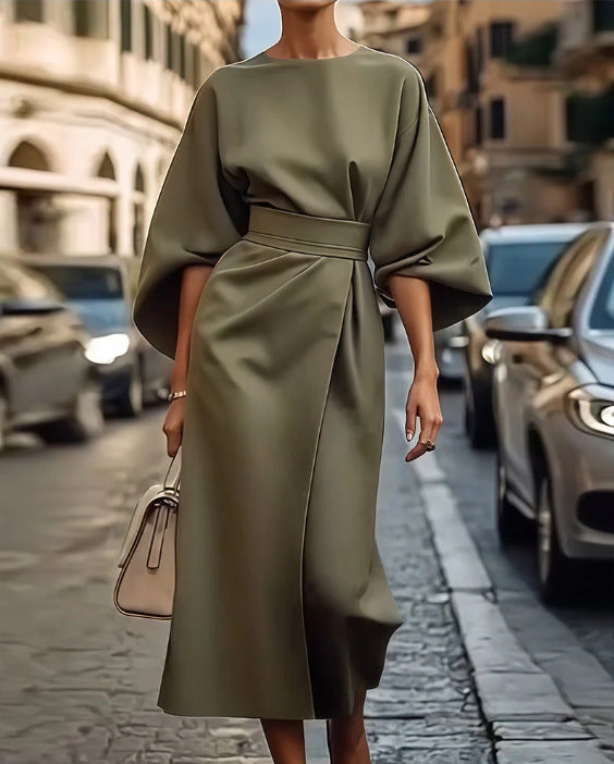 Elegant Solid Color Batwing Sleeve Casual Maxi Dress