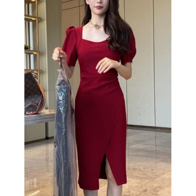 Womens Mid-length Slit Dress with Puffed Sleeves