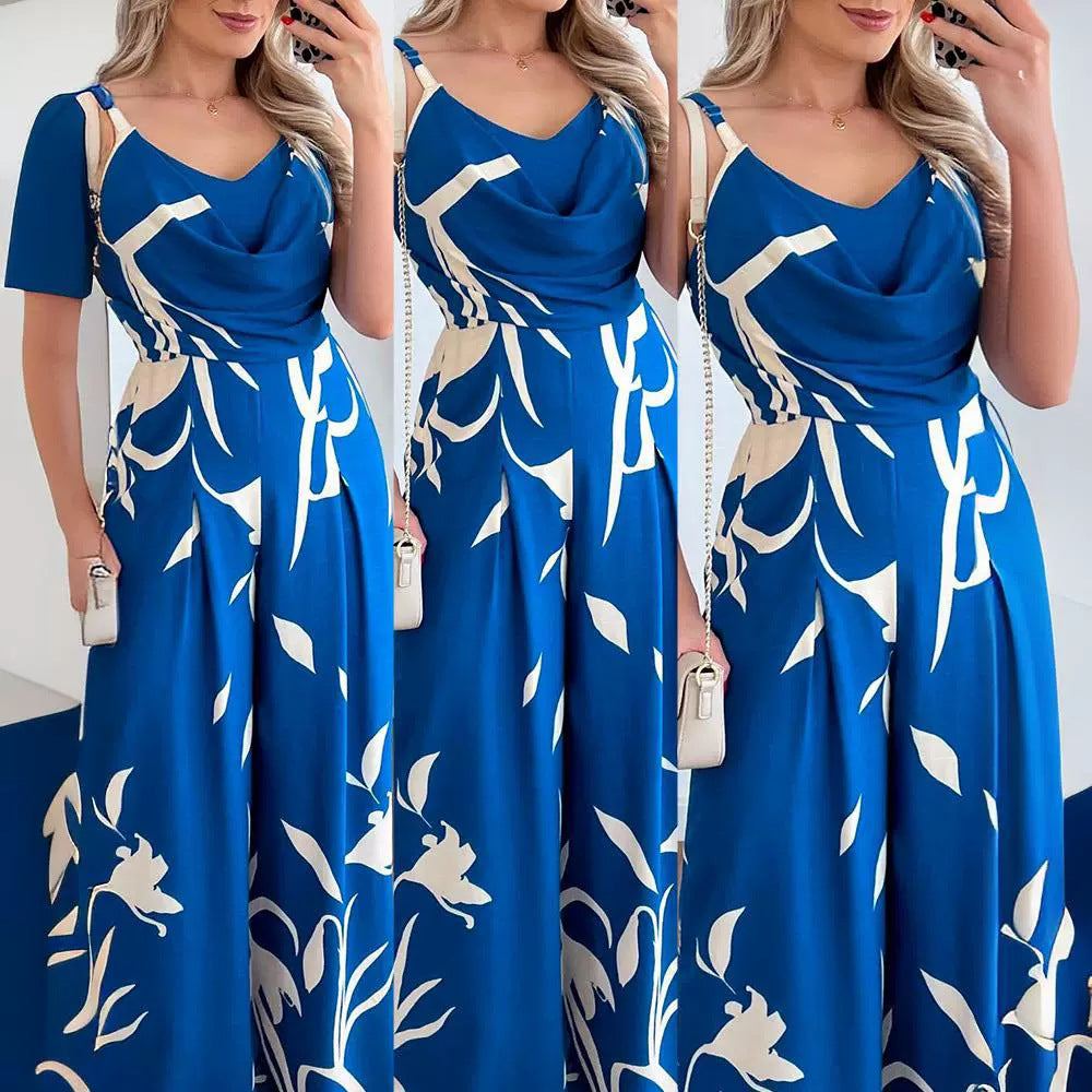 Chic Printed Wide-Leg Jumpsuit with Suspender Waist