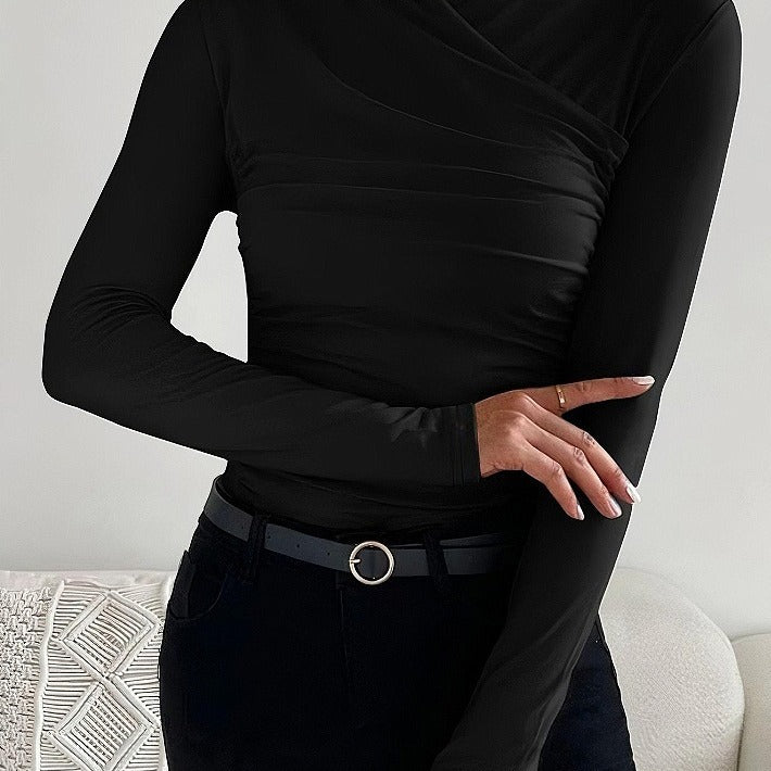 Cross Collar Pleated Slim Long Sleeve Top