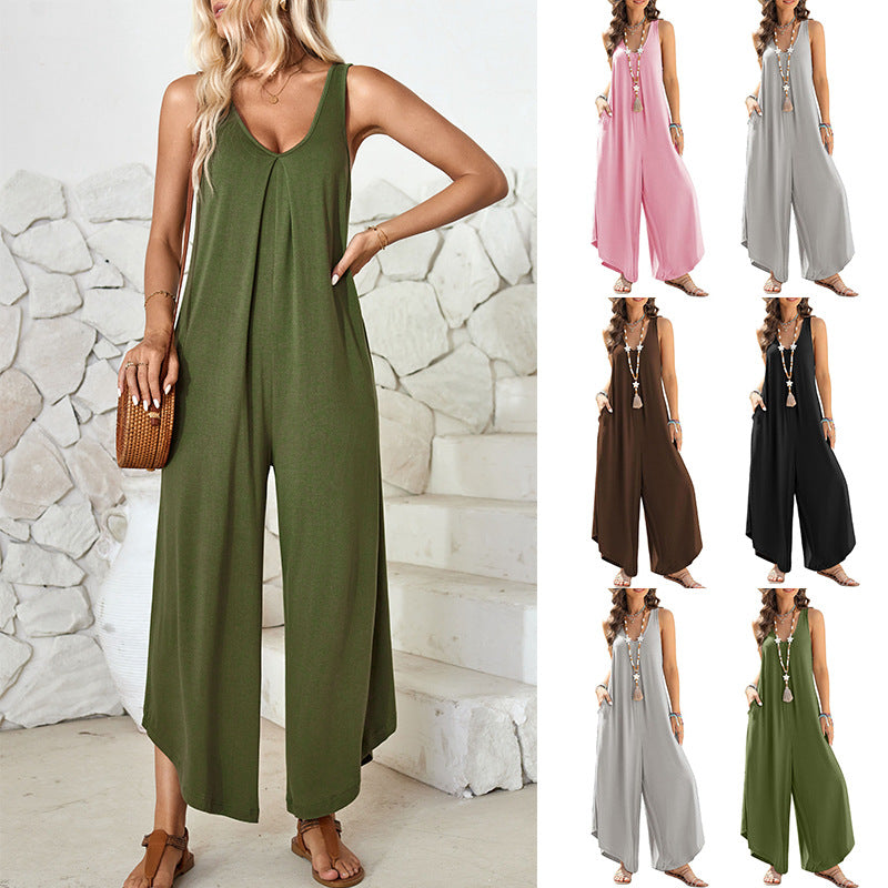 Women's Casual V-Neck Pocket Wide Leg Jumpsuit