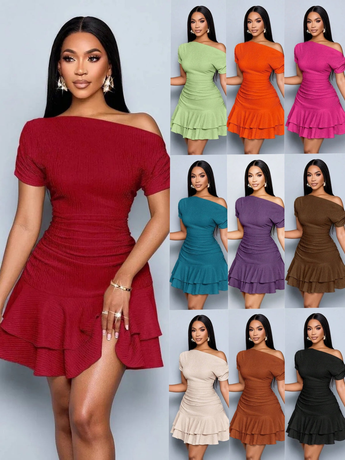 Summer Bestseller Women's Solid Color One-shoulder Slim-fit Ruffled Hem Dress