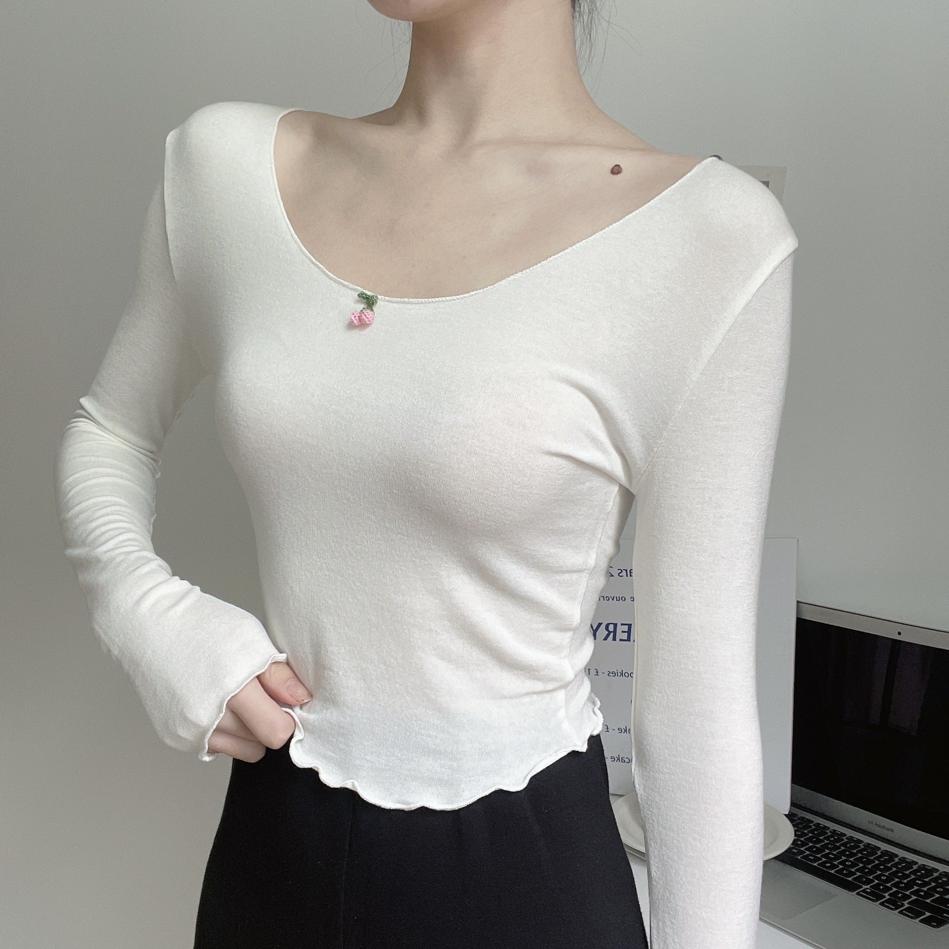 Women's Cherry Edge Long Sleeve Knit Top