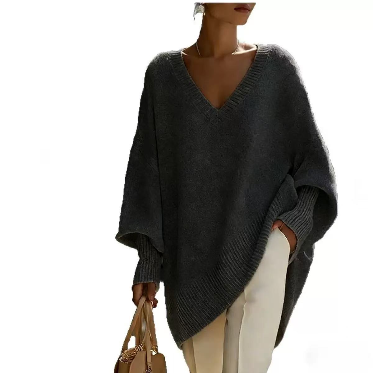 Solid-color Long-sleeve V-neck Laid-back Style Womens Sweater Top