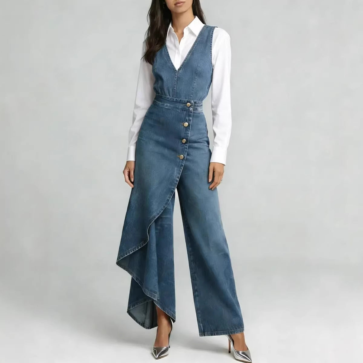 Western-style V-neck Asymmetrical Denim Jumpsuit