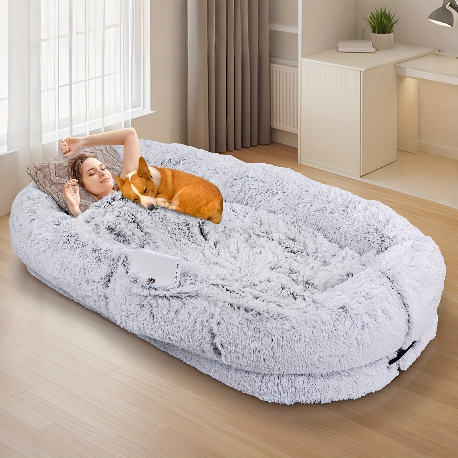 Orthopedic Washable Faux Fur Dog Bed 71"x45"x12" - Oval Plush Pet Bed with Strap, Gray Polyester Mattress for Medium Dogs & Humans to Snuggle, Gift-Ready Nap Companion, Cozy