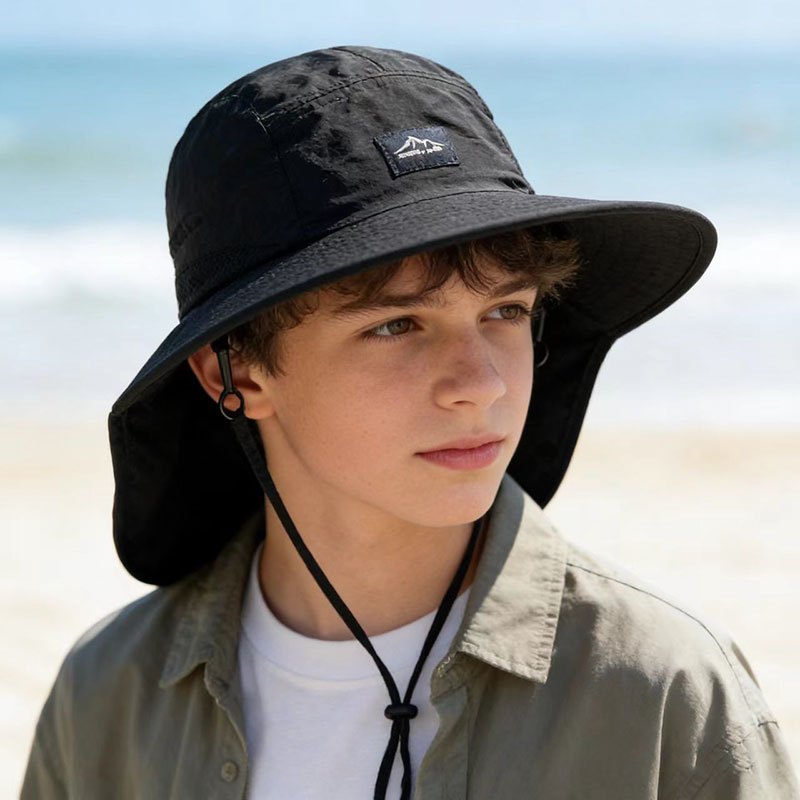 Youth Outdoor Sun Hat with Wide Brim, Drawstring, and Breathable Mesh – Multi‑Functional for Travel, Hiking and Beach