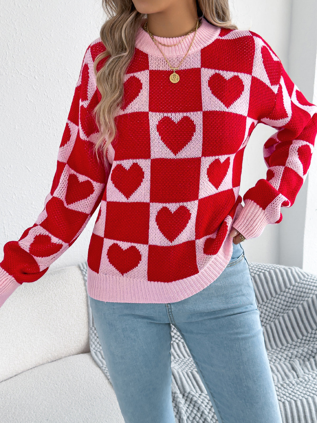 Women's Color-blocked Plaid Heart Lantern Sleeve Pullover Sweater for Valentine's Day