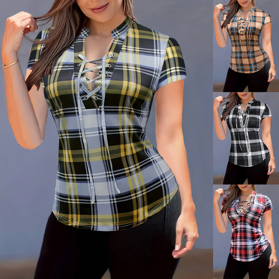 Trendy Slim-Fit Plaid Stand-Collar Top with Chest Tie – Short Sleeve