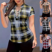 Trendy Slim-Fit Plaid Stand-Collar Top with Chest Tie – Short Sleeve