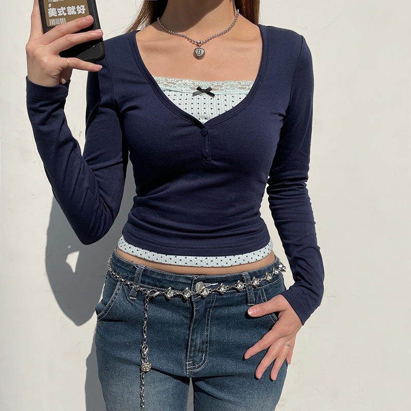 Chic V-Neck Colorblock Bow Tee for Women