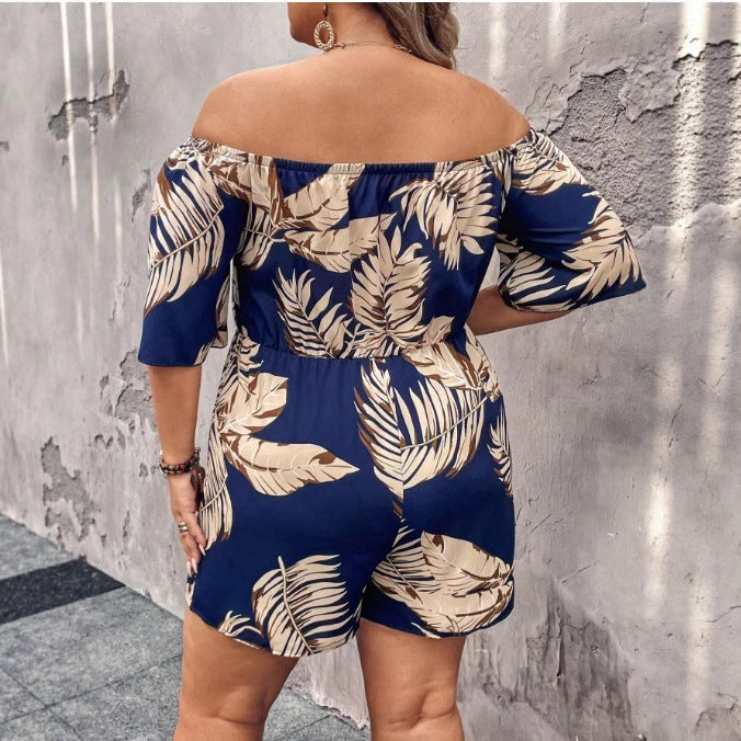 Off-Shoulder Botanical Print Waist-Cinching Romper