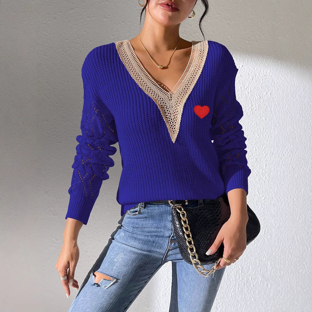 Womens Lace-panel V-neck Contrast-color Sweater
