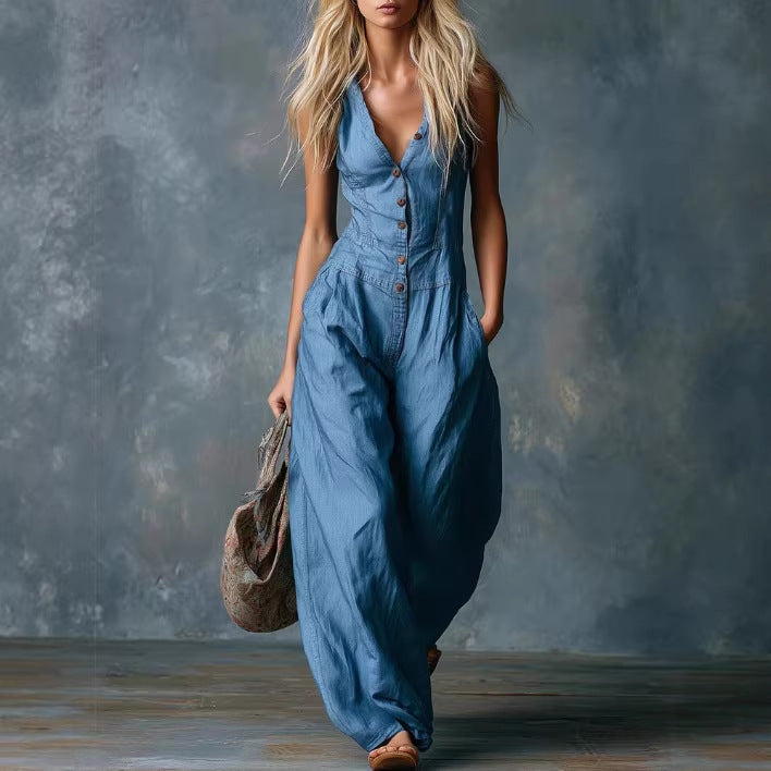 Retro Casual V-Neck Front-Button Sleeveless Jumpsuit For Women