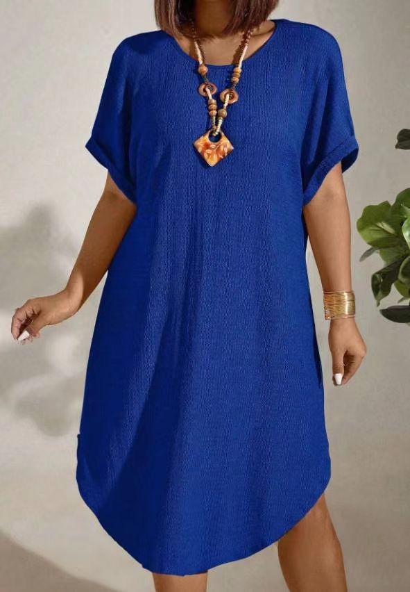 Womens Solid-color Loose-fitting Casual Round-neck Dress