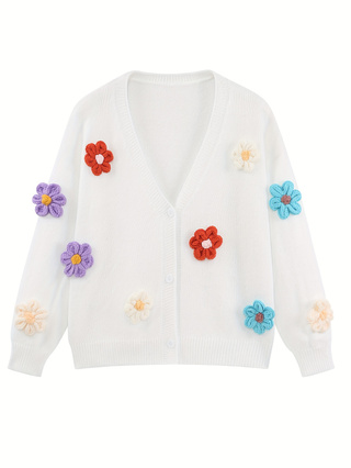 Ladies Colorful Flower Knit Cardigan Loose Long Sleeve Casual Layering Outerwear