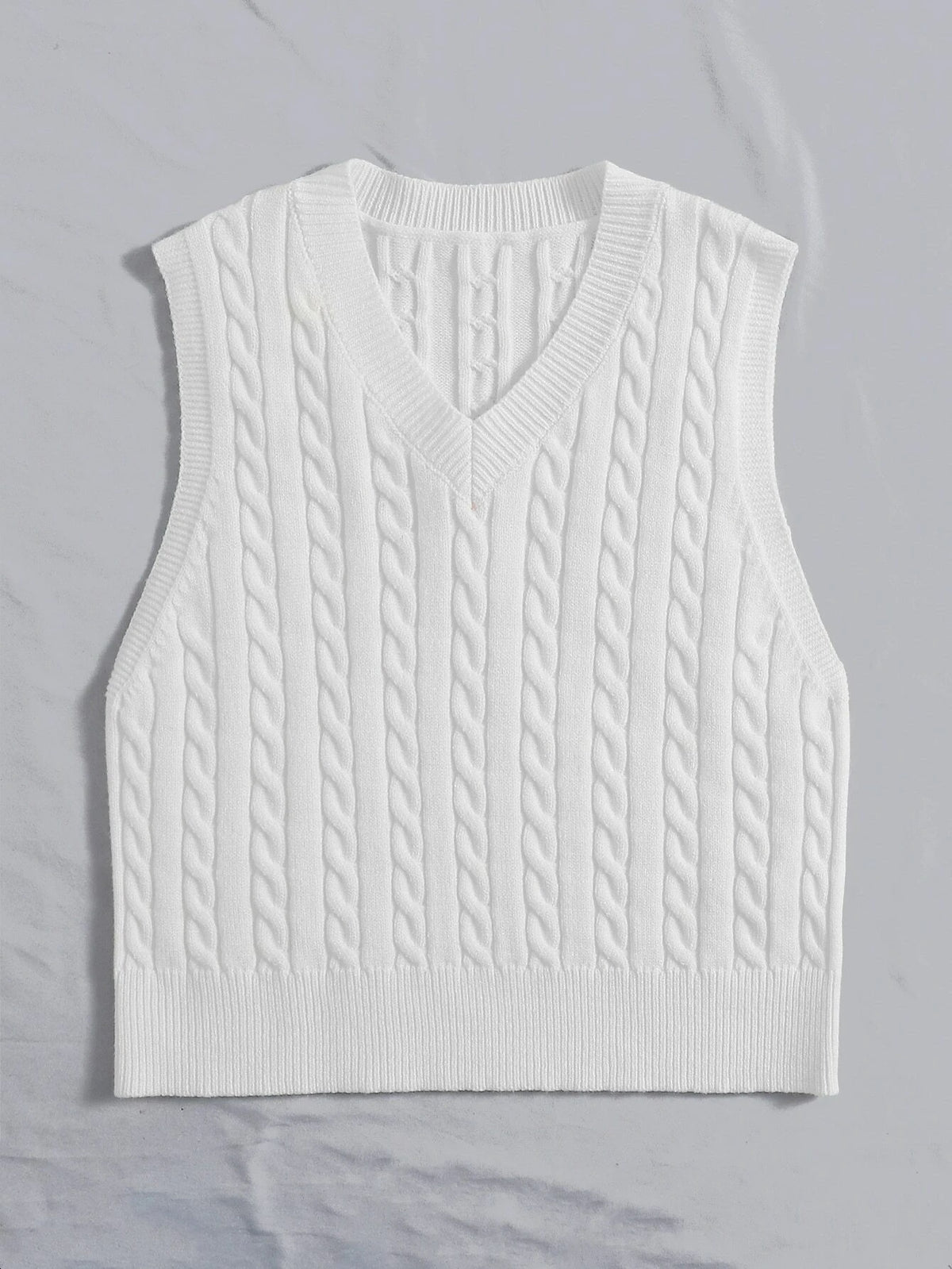 Springsummer Knitted Cabled Vest Pullover with V-neck
