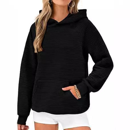 Women's Long Sleeve Hooded Plaid & Stripe Pullover Top