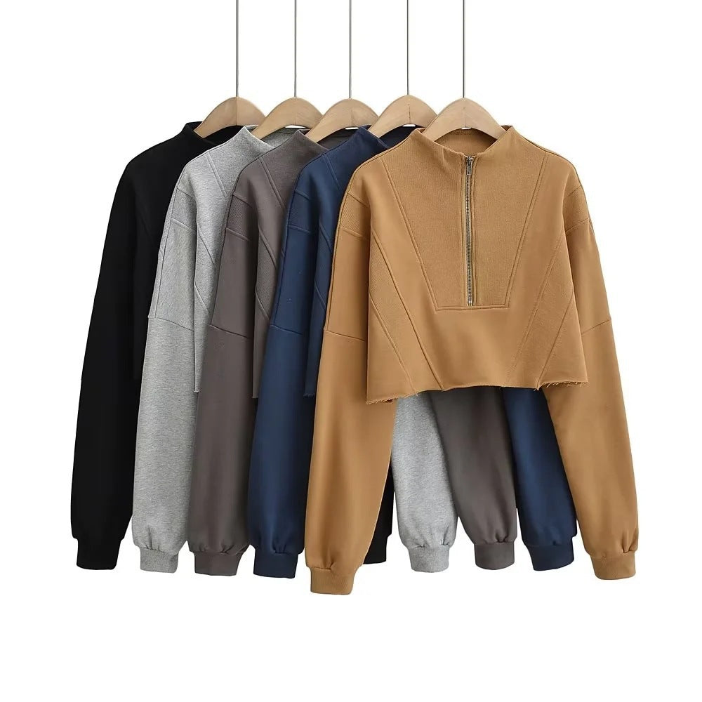 Women's Casual Half-Zip Solid Color Short Sweatshirt