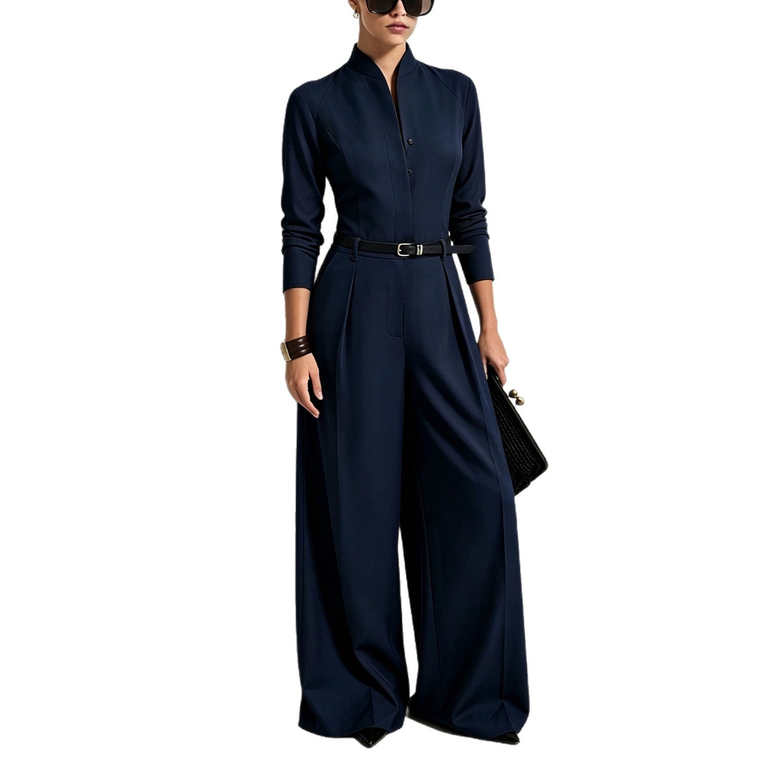 Chic Stand-Collar Long Sleeve Wide-Leg Jumpsuit
