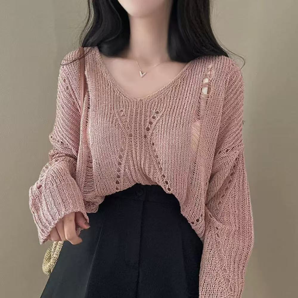 Hollow-out Ice Silk Thin Long Sleeve Mid-length V-neck Sweater