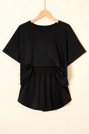 Black 2Pcs Cropped Tee And Ruffle High Waist Skort Set