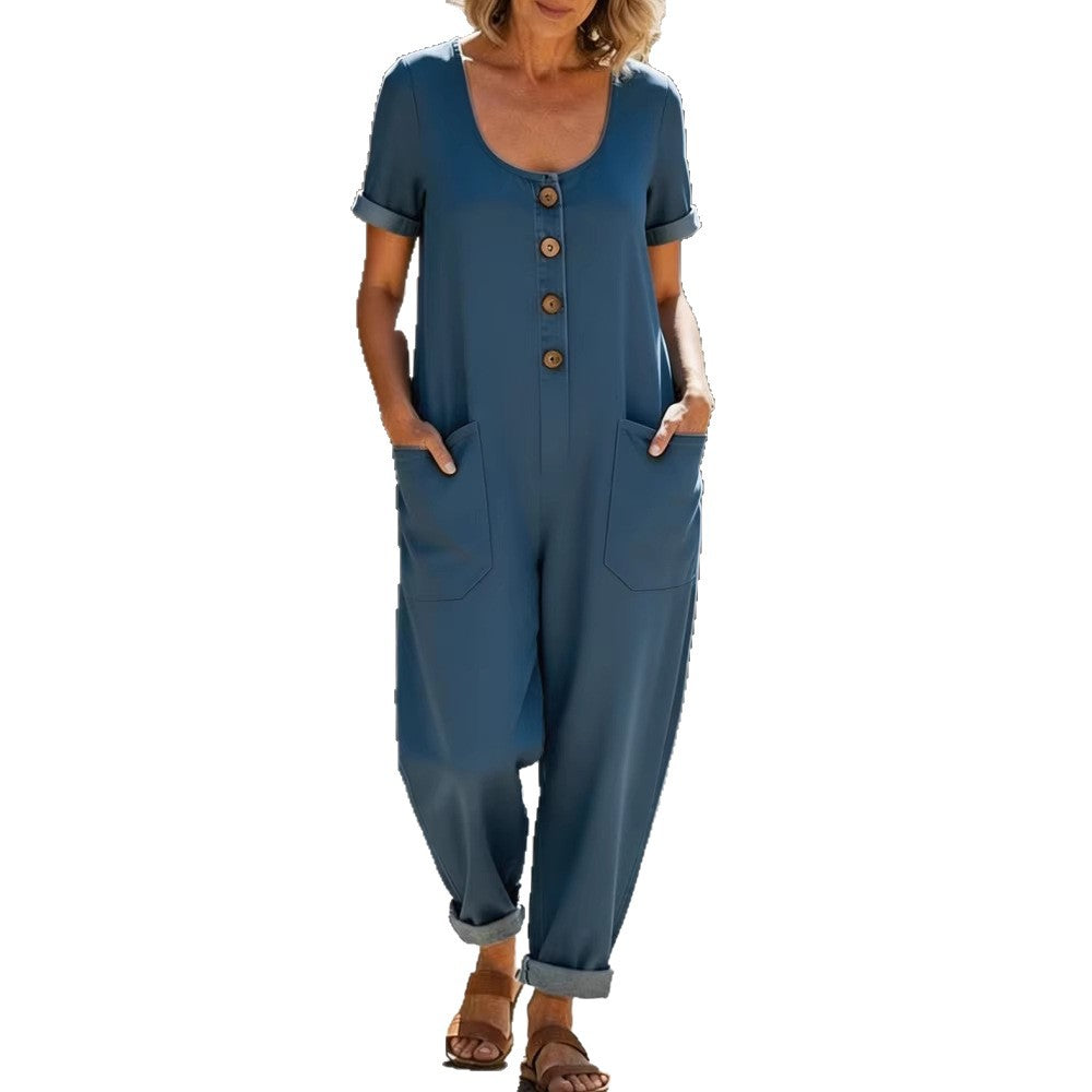 Women's Casual Loose Short-Sleeve Pocket Jumpsuit
