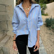 Elegant Commuter Blue And White Striped Button-Up Shirt