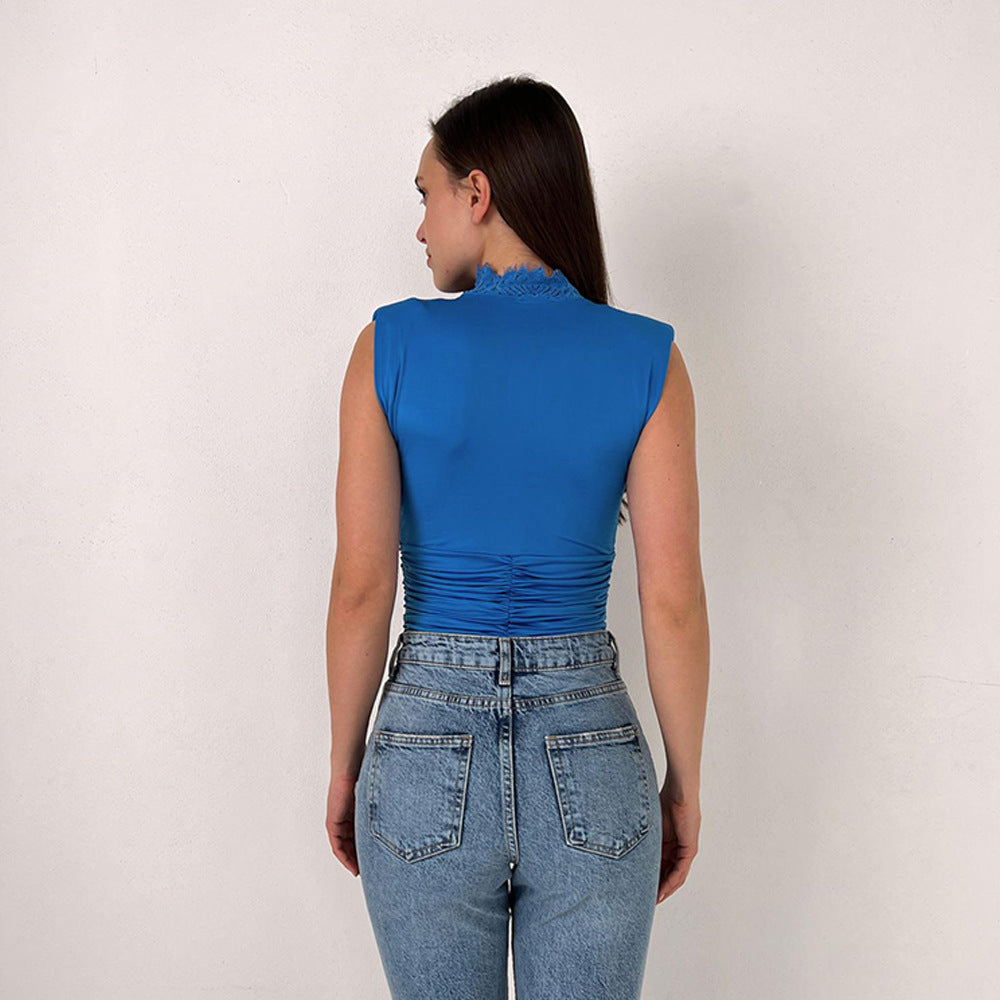 New Womens Fashion V-Neck Sleeveless Lace-Patchwork Defined-Waist Elegant Jumpsuit