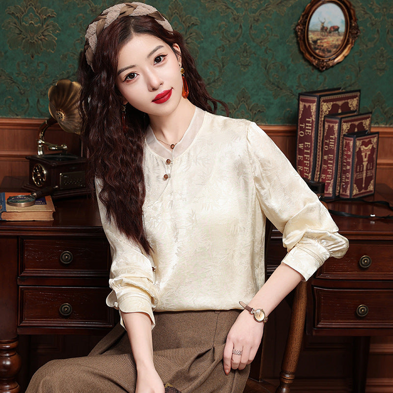 Retro Tang Suit Oblique Placket Long-sleeved Top