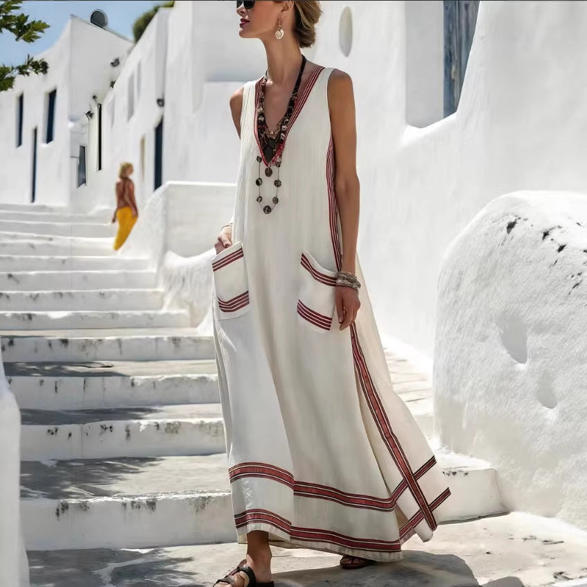 Womens Textured Printed Striped Loose-fit Sleeveless Maxi Dress