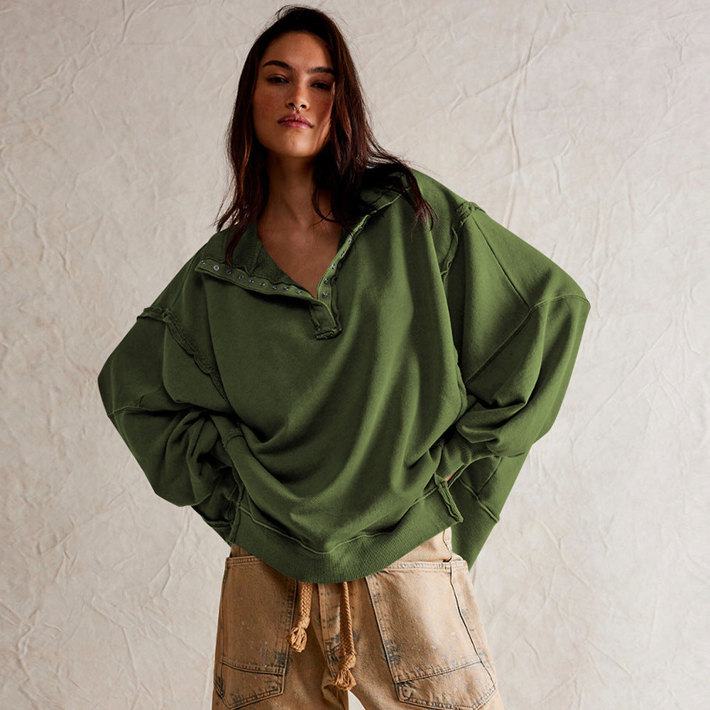 Chic Lantern Sleeve Split Lapel Pullover Sweater