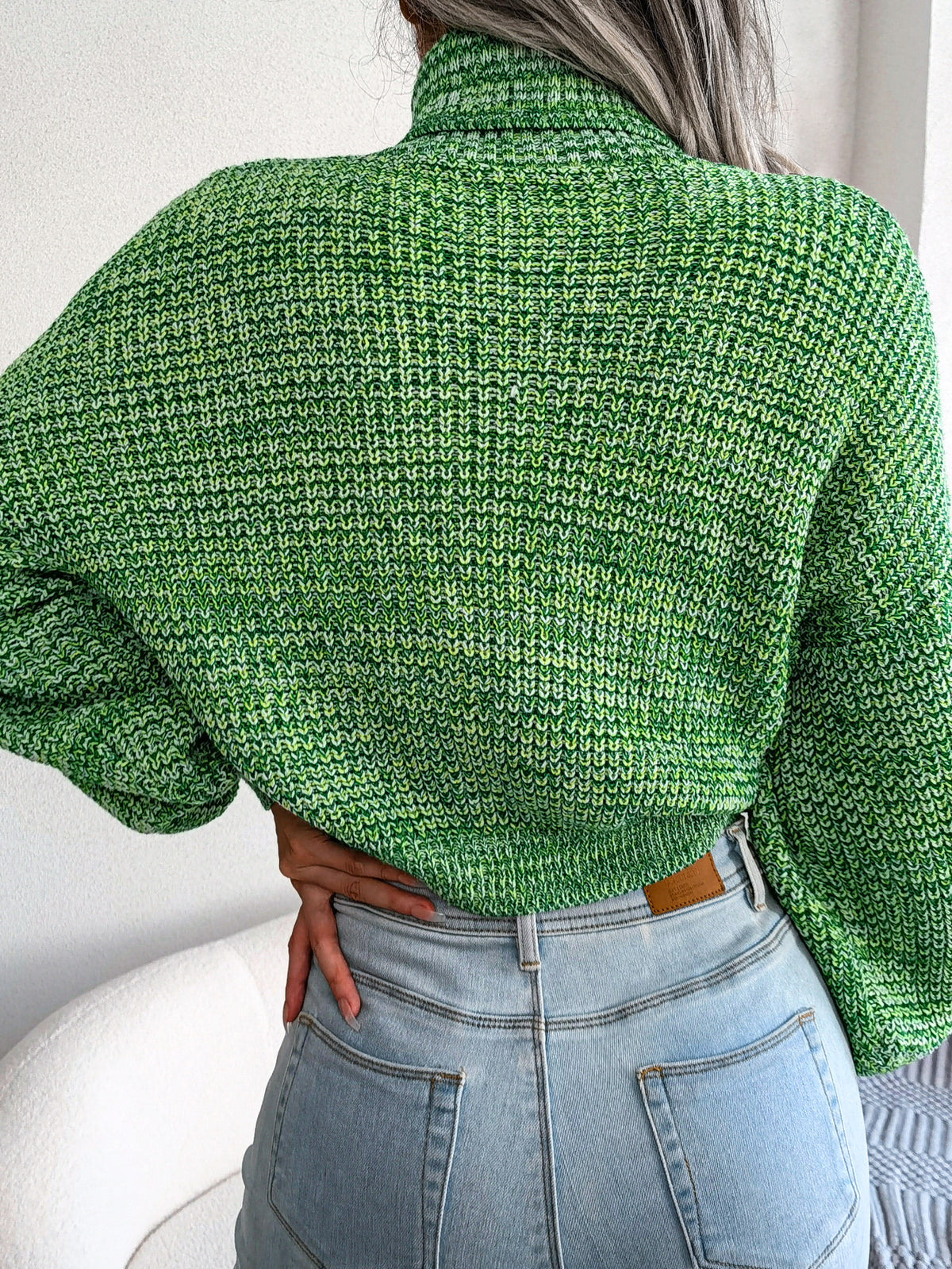 Women Mixed Color Lantern Sleeve Turtleneck Knit Sweater