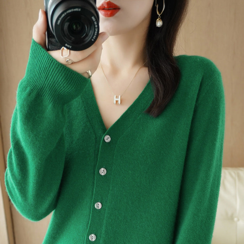 Womens V-neck Casual Solid-color Knitted Long-sleeve Jacket