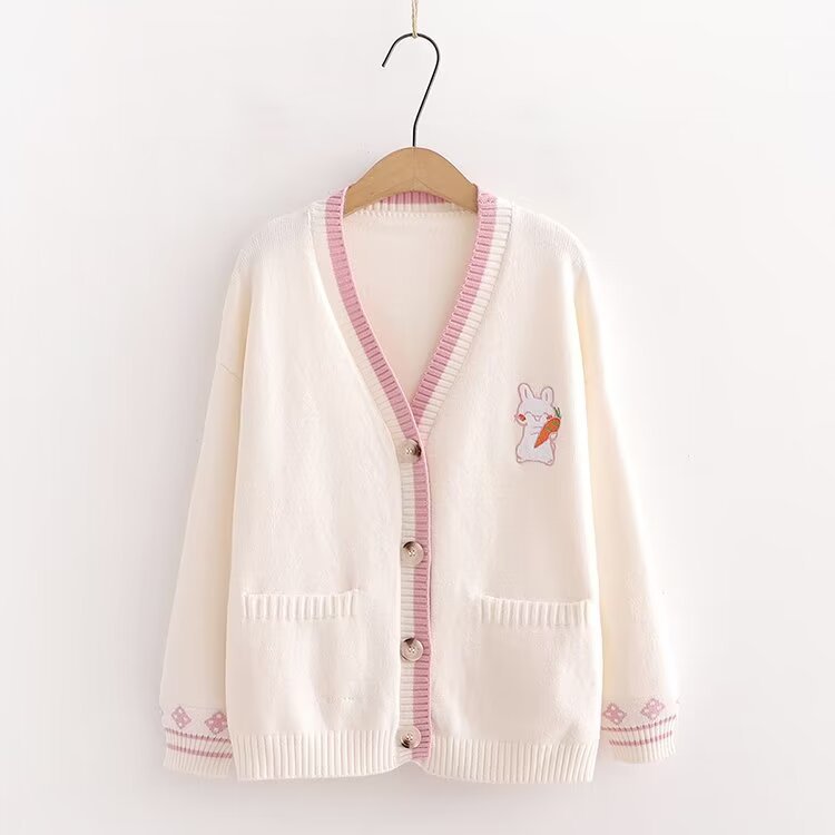 Japanese Style Mori Style Casual Loose Solid Color Rabbit Cardigan V-neck Sweater