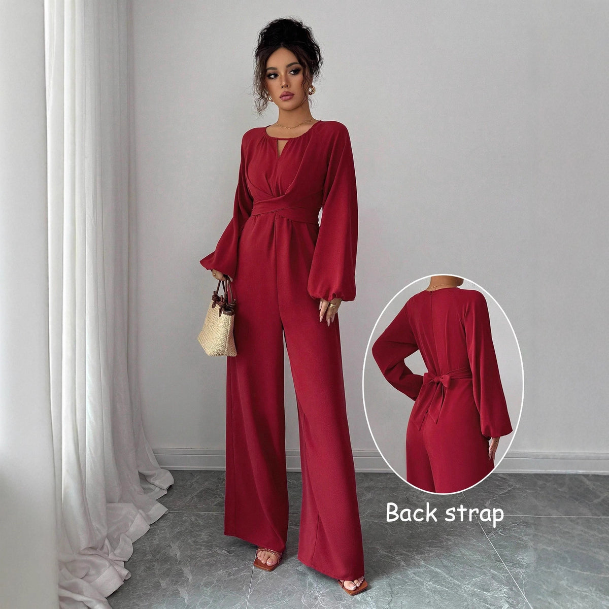 Elegant Square Neck Wide-Leg Jumpsuit with Puffed Sleeves